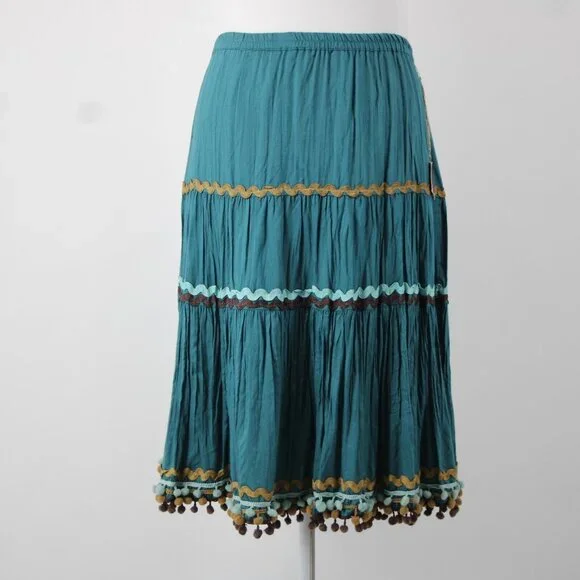 Double D Ranch Sz M Teal Blue Brown Multi Elastic Waist 100% Viscose Skirt